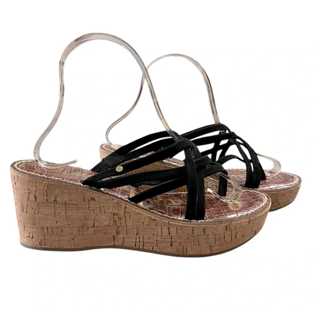 Sam Edelman Reana 3D Black Strappy Leather Cork Wedge Sandals Size 8.5